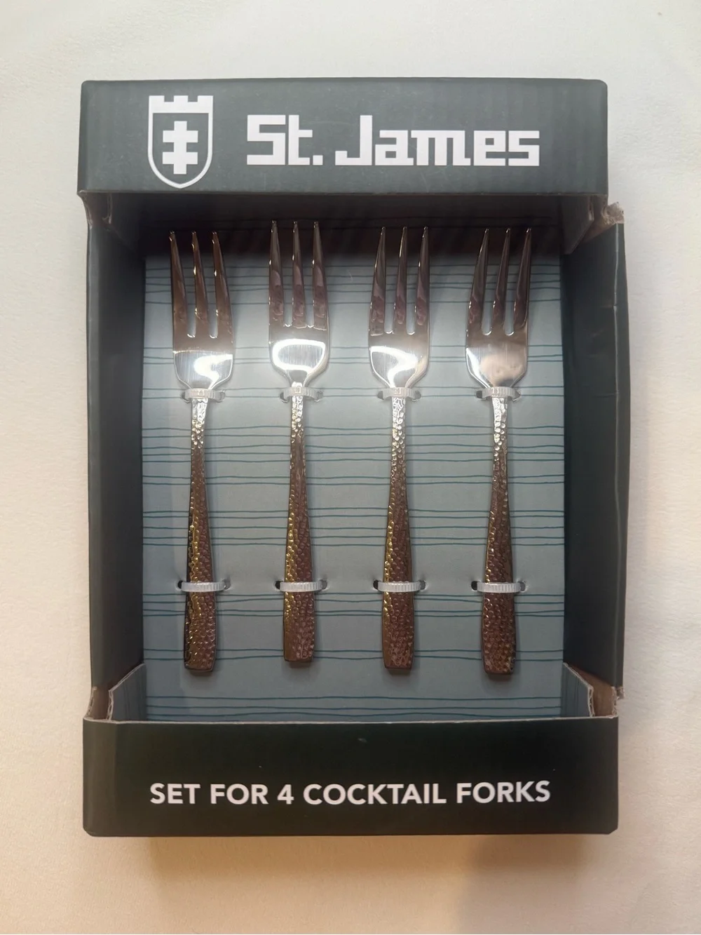 St. James Masonry Hammered Cocktail Forks Set of 4 Stainless Steel Luxury NWT